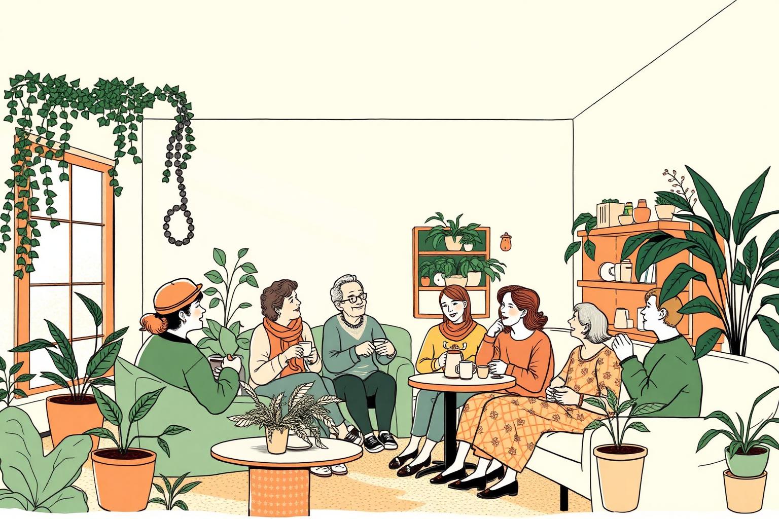 Diverse community members of all ages chatting warmly over tea inside a plant-filled community hub